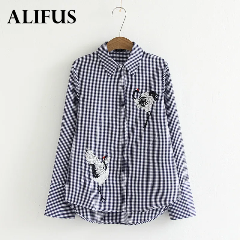 Мода Za для женщин 2019 осень синий полосатый вышивка Blusas рубашка с длинным рукавом