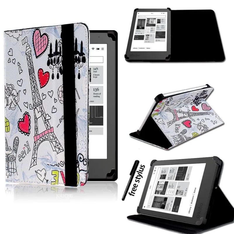 KK&LL для 2013 Kobo Aura " /NEW Aura Edition 2 6" eReader планшет-Кожаная подставка для планшета Folio Smart Cover чехол+ стилус - Цвет: Eiffel Tower