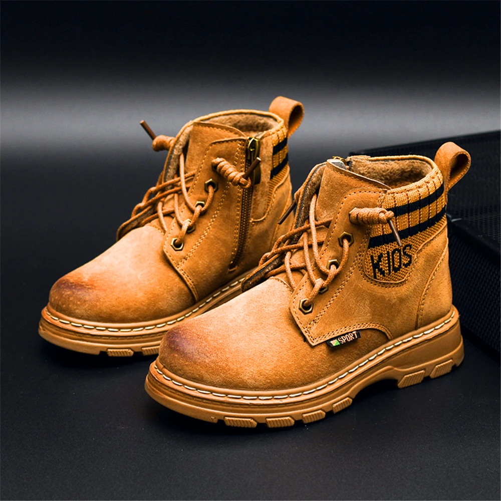 Children's Snow Boots Winter new Boys Short Boots British Wind Plus Velvet Boy Genuine Leather 2-14 Years Kids Cotton Boots