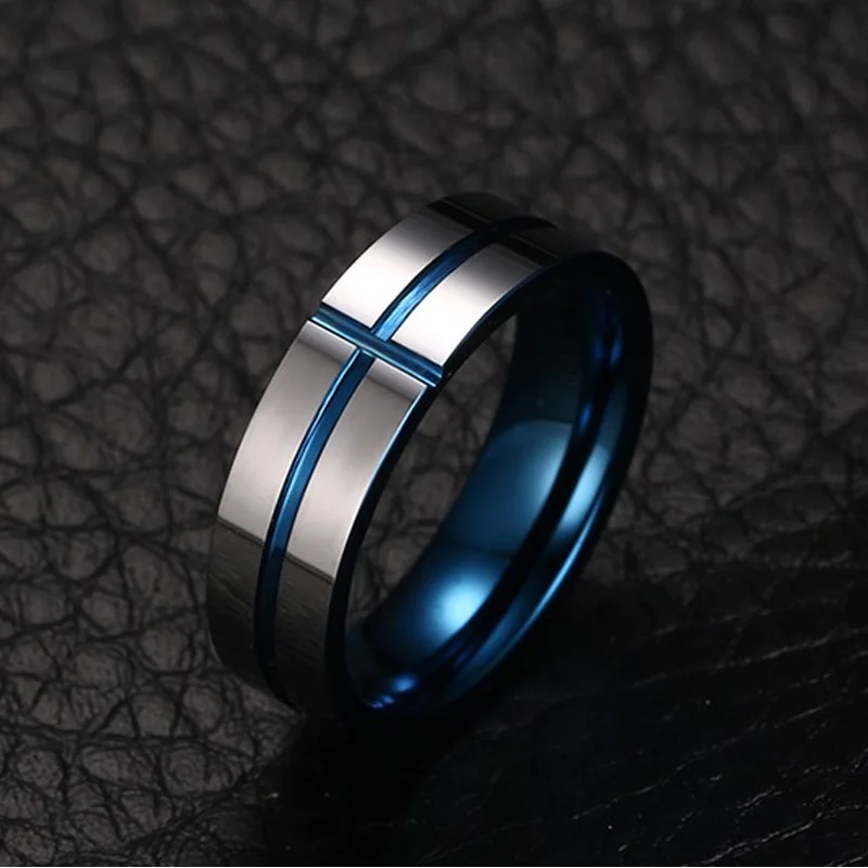 

Men Wedding Bands Blue Cross Shape Tungsten Carbide Engagement Wedding Rings For Men Jewelry 6mm