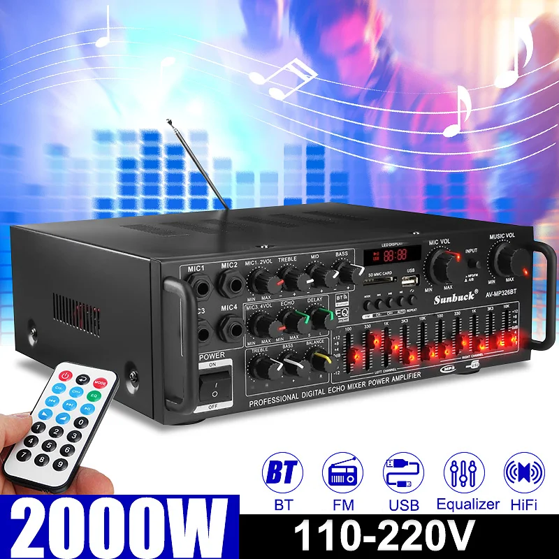 2000 Вт 5 0 bluetooth 2 канальный аудио hi fi усилитель стерео 326BT 12 В/220 В AV динамик с