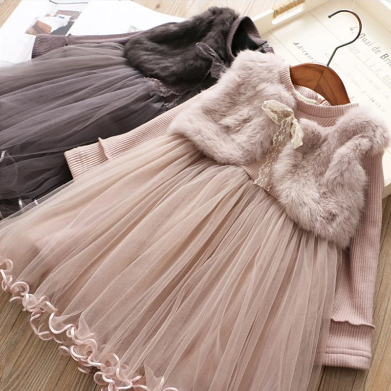 False Two Kids Dresses for Girls Autumn Winter Long Sleeve Faux Fur Children Clothing Lace Bowknot Belt Baby Girl Dress | Детская одежда