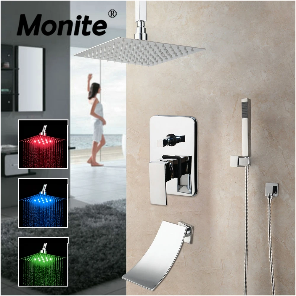 PROD 1005002827889044 Monite Chrome Polish Bathroom Shower Set 8~16
Inch Rainfall LED Head Ceiling Mounted Mixer Chrome Brass Shower Faucet
Set