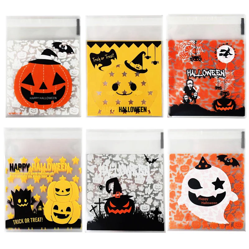 50Pcs Transparent Plastic Candy Bag Happy Halloween Cookie Cellophane Bag 10Cm 