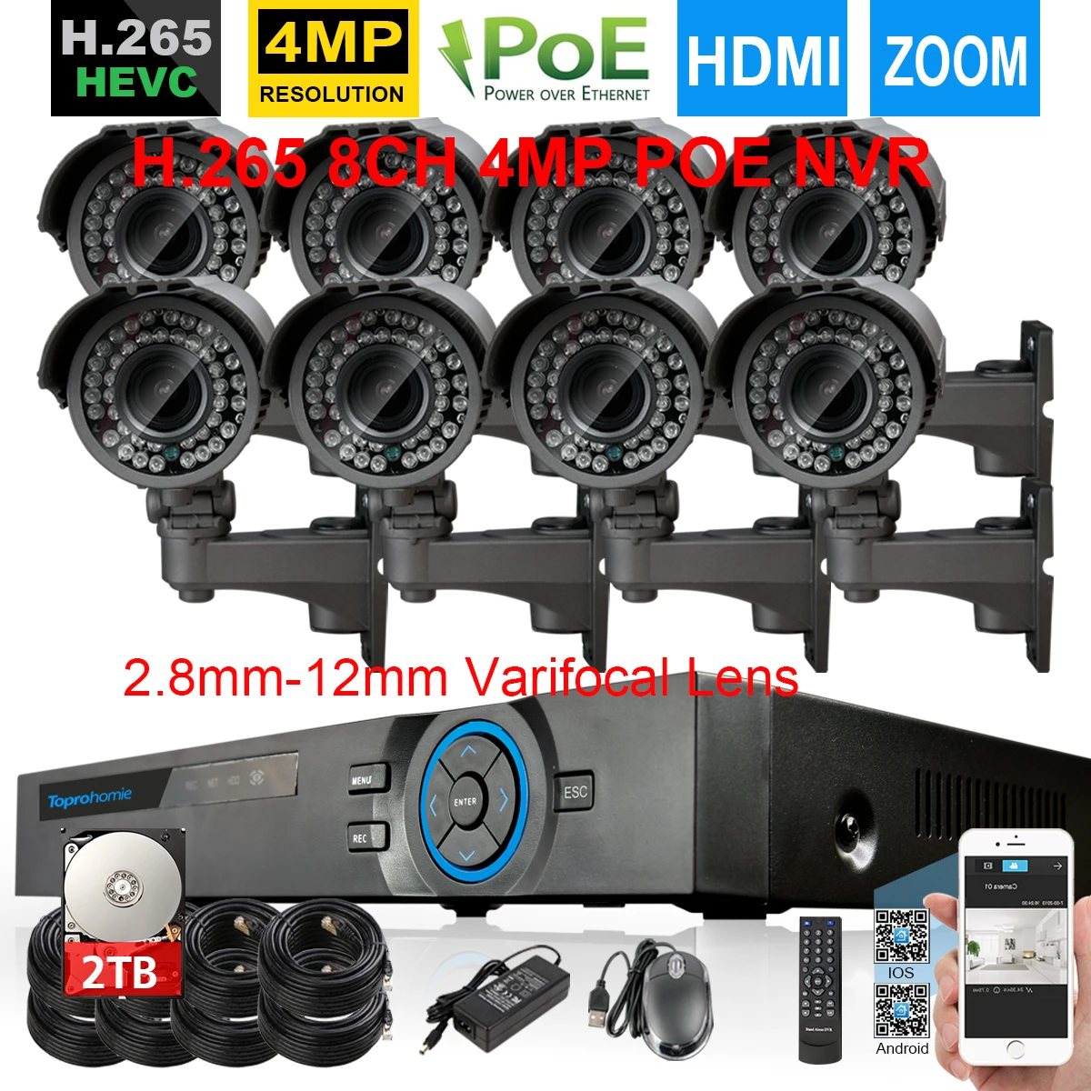 H.265 8CH 4MP CCTV система NVR 48V POE 8 шт. безопасности IP Камера с 2 12 мм объектив переменным