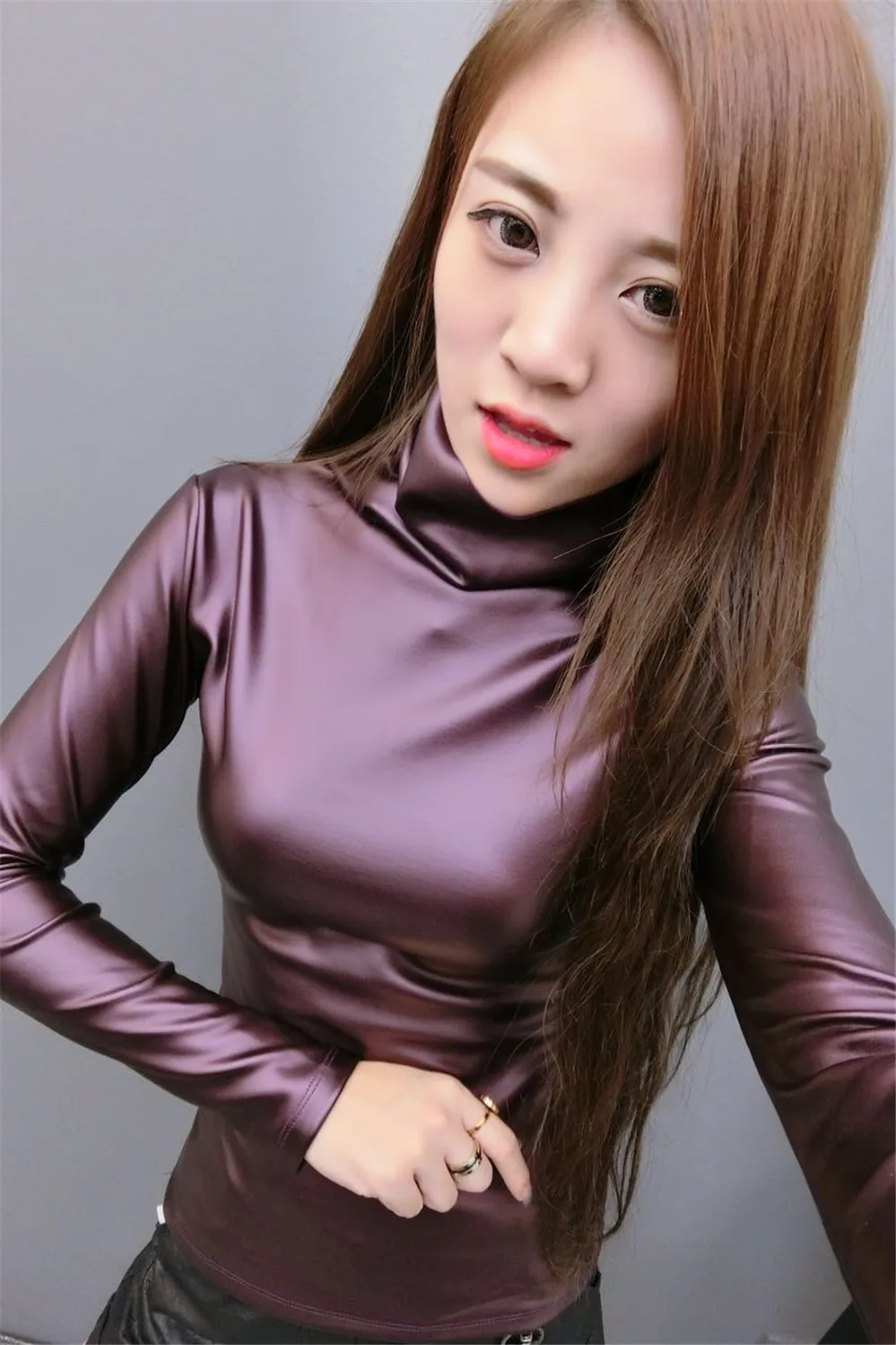 Korean Fashion 2020 Autumn and Winter New Fashion Turtleneck Solid Color PU Leather Long-sleeved Fleece Jacket Slimming Top 2