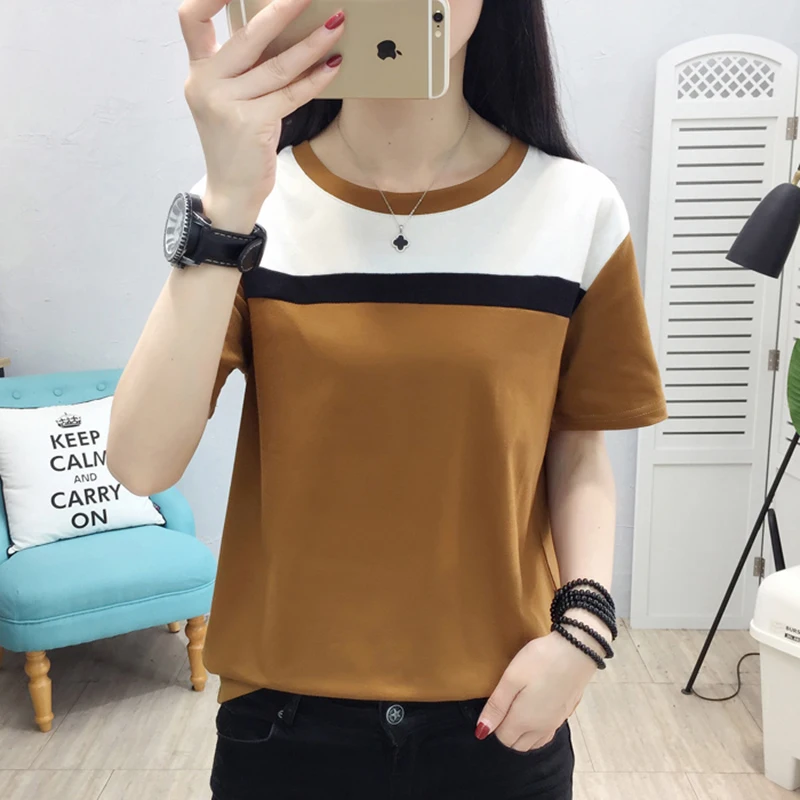 

Футболка женская хлопковая, топ контрастных цветов, повседневная одежда с коротким рукавом, лето 2022