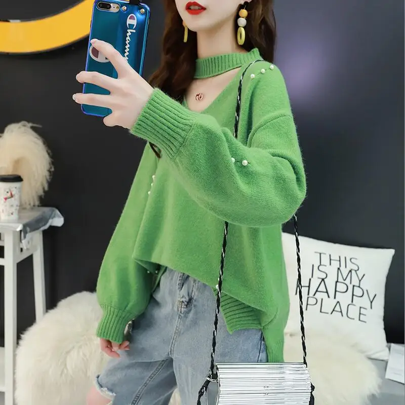 

2019 New Autumn Female Office Lady Solid Color O-neck Pullovers Long Sleeve Hollow Out Beading Knit Outwear Sweater