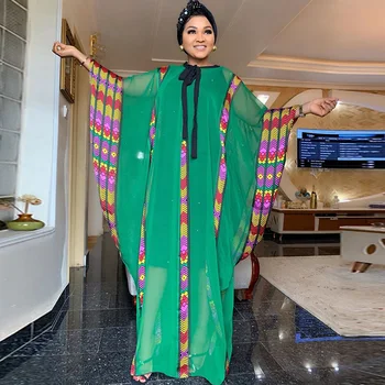 

Plus Size Batwing Sleeve Chiffon Beach African Print Bazin Dashiki Dress Africa Clothes Fashion Bow Bohemian Maxi Dress Sundress