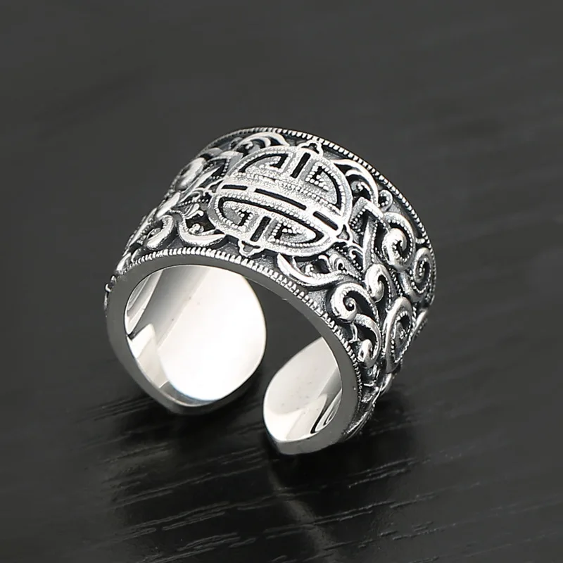 

100%S925 pure silver jewelry for men ethnic style Tang grass pattern adjustable ring Thai silver fashion man rings