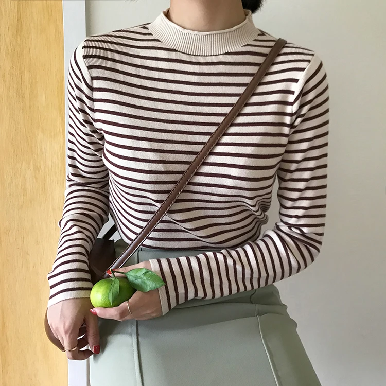 3 цвета, Осенний корейский стиль, Цветные Лоскутные трикотажные топы, водолазка с длинными рукавами, Футболки женские полосатые безрукавки, рубашки femme(F6194 - Цвет: coffee