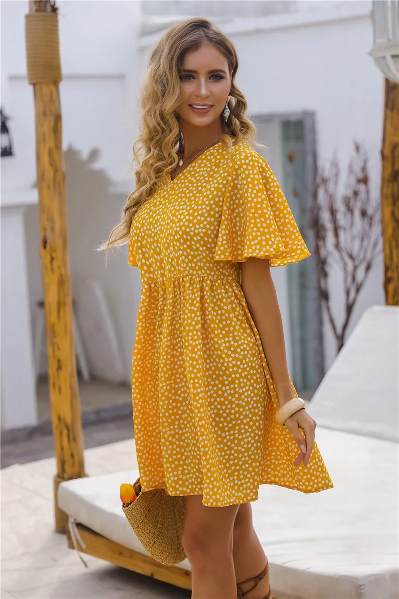 Женский сарафан средней длины с коротким рукавом в горошек летняя пикантная