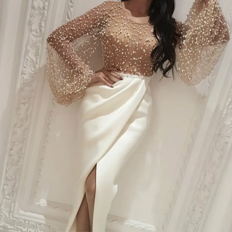 

Women's Autumn Dress Long Bat Sleeve Full Mesh Beading Stitching Ankle Length Sexy Patchwork O Neck Slip 2019 New Arrival