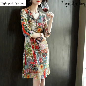 

Silk 100% Dresses Boho Vintage Summer Dress Floral Elegant Midi Dresses for Women v Neck Vestidos De Verano R6208 Pph323