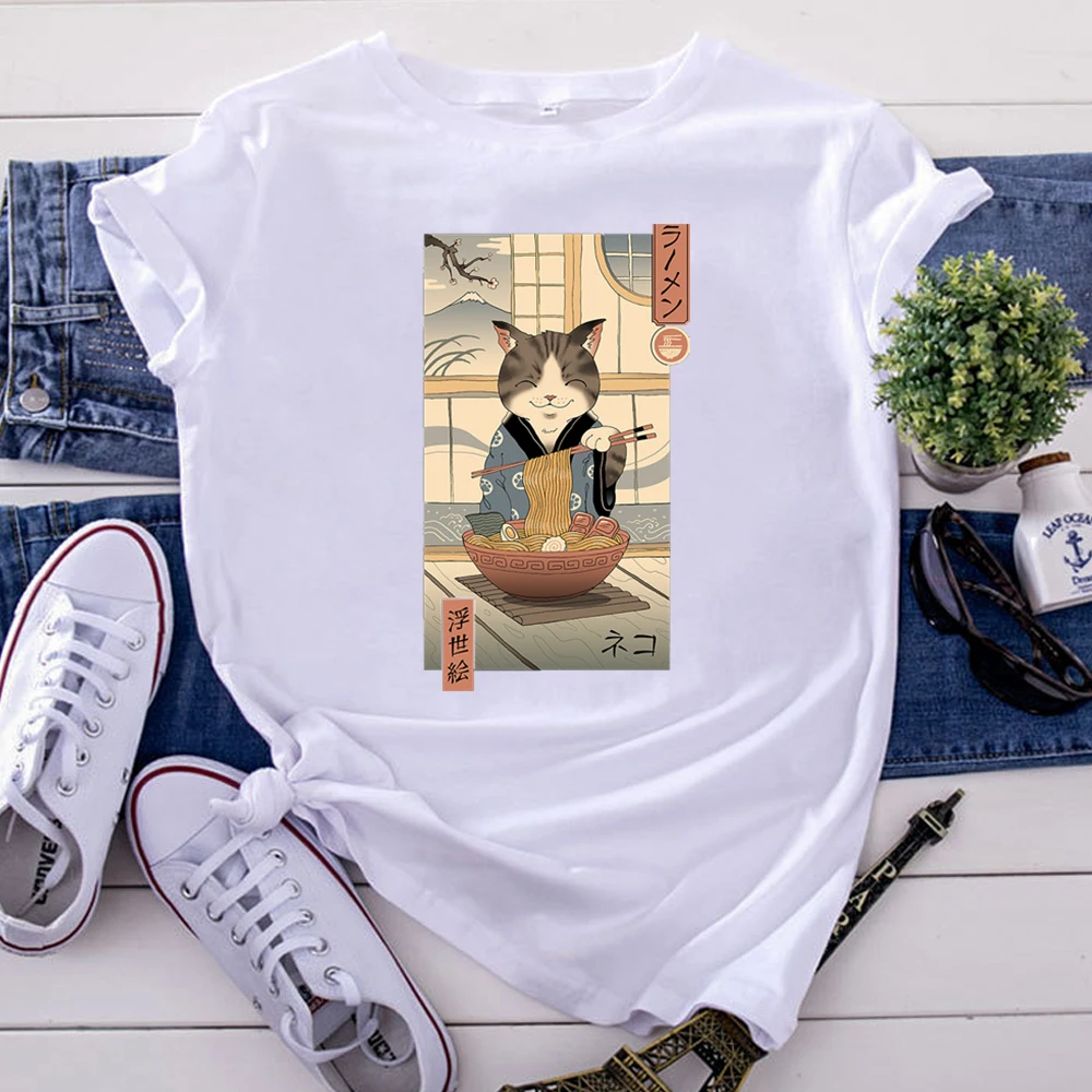 

Kitten Eating Ramen Ukiyoe T-Shirt Personality Printing T Shirt Woman Funny Kawaii Womens Tshirtoversize Fashion Women Clothes