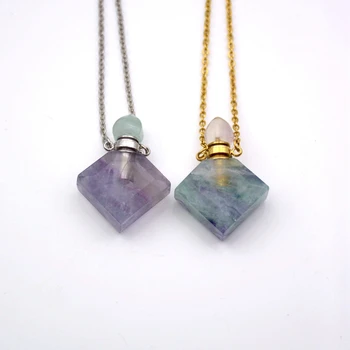 

natural prismatic Shaped Healing Crystal Quartz necklace Fluorite gems stone Perfume Bottle Pendant Essential oils diffuser