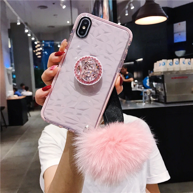 Pink Модный Дамский бриллиантовый кронштейн подушки безопасности с плюшевой петлей TPU чехол для мобильного телефона для iphone 11 чехол, для iphone 7 Чехол 8 plus XR MAX - Цвет: Pink