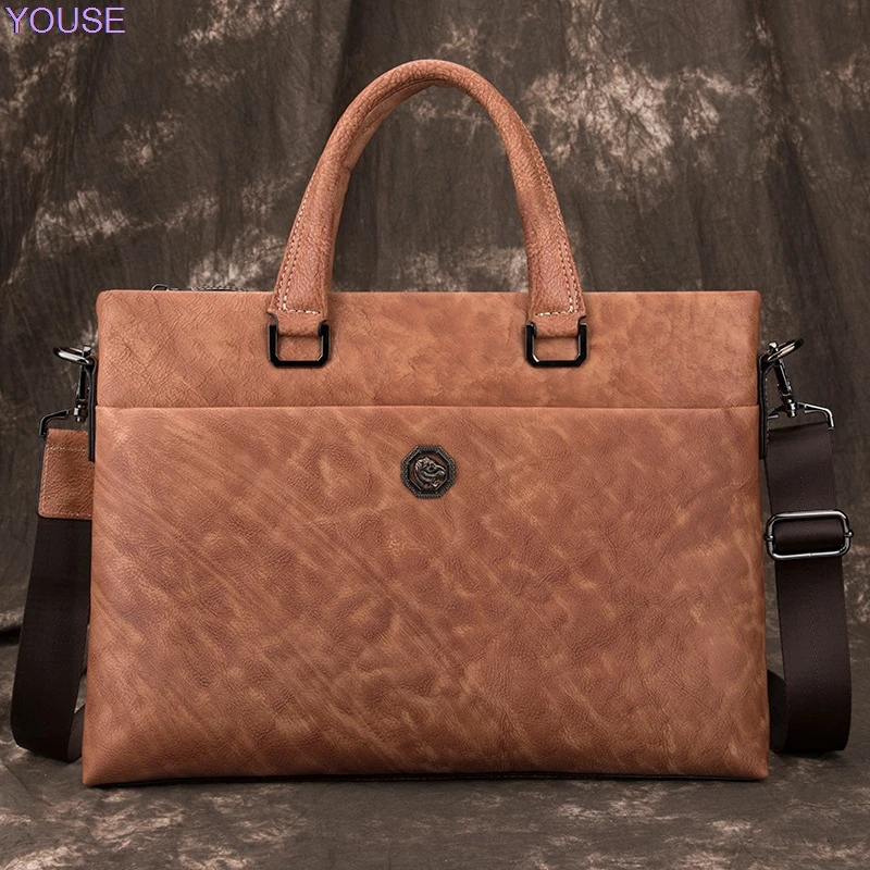 

Men's Bag Cowhide Business Retro Handbag Genuine Leather Cross Shoulder Large Computer Bag Briefcase 4418