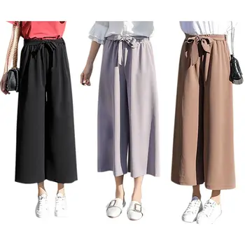 

Women Spring Summer Pleated Wide Legged Pants Solid Color Pleated High Waist Tie Pants Female Straight Nine Minutes Pants.w
