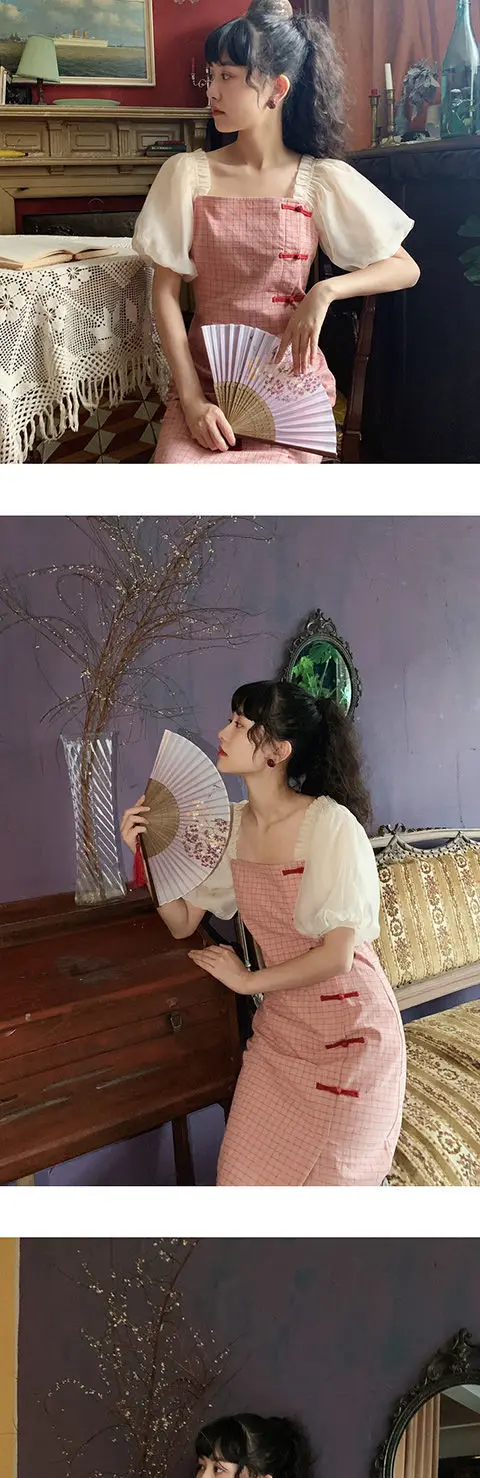 Pink Plaid Women's Dress Cheongsam Chinese Style Chiffon Sleeve Skinny Bodycon Dress Sexy Vintage Dress Harajuku Summer Vestidos