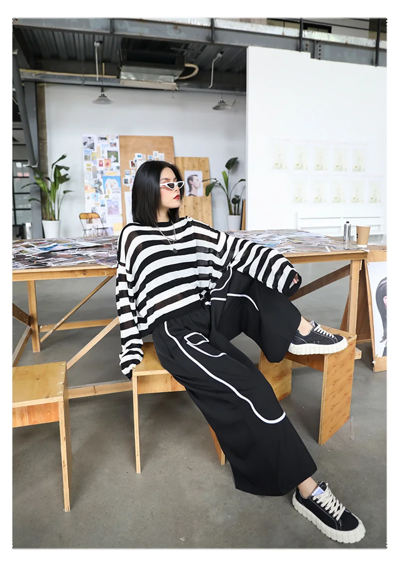 [EAM] High Elastic Waist Black Pocket Split Long Wide Leg Trousers New Loose Fit Pants Women Fashion Spring Autumn 2020 1X812