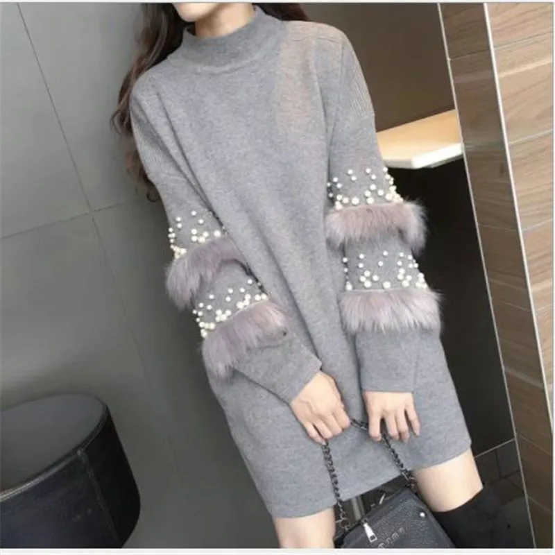 Billig Hälfte Rollkragen Langarm Pullover Kleid Pullover Frauen Herbst Winter Lose Tunika Gestrickte Casual Patchwork Perlen 2019New H092