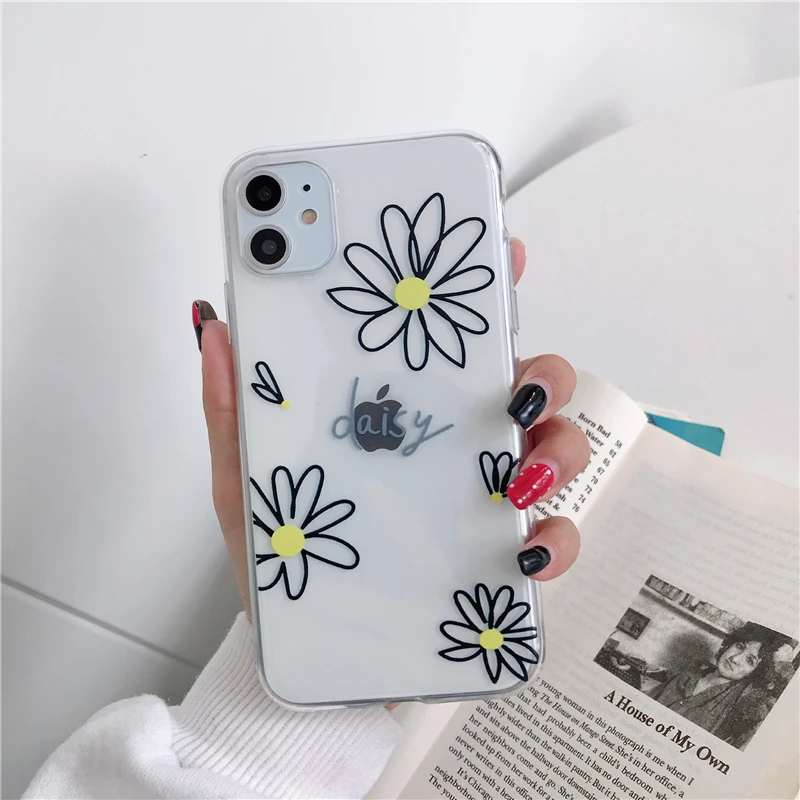 Простой Цветочный прозрачный чехол s с ромашками для iphone 11pro max X XS Max XR милые цветы чехол для телефона для iphone 6 7 8 Plus задняя крышка Funda - Цвет: Бежевый