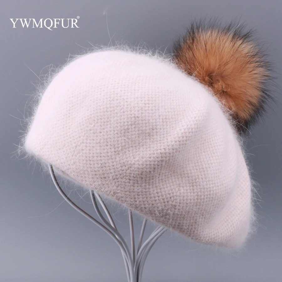 Зимние береты, шапка для женщин, винтажные вязаные шапки с кроличьим мехом, однотонные женские шапки с натуральным мехом енота, помпоны, теплые шапки