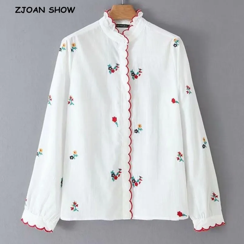  2019 Women White Red Wave Line Flower Embroidered Shirt Vintage Long Sleeve Lapel Buttons Slim Ruff