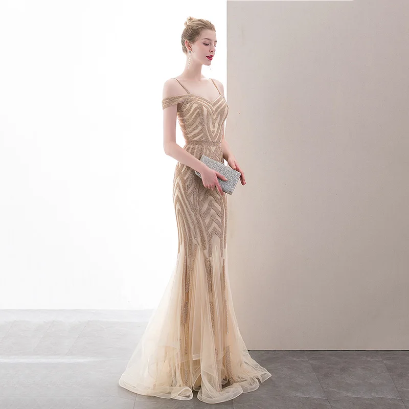 Элегантное шампанское Qipao платье макси для выпускного платье изысканный Bling Стразы сетки; Robe De Soiree Соблазнительная девушка Русалка с открытыми плечами, Vestidos