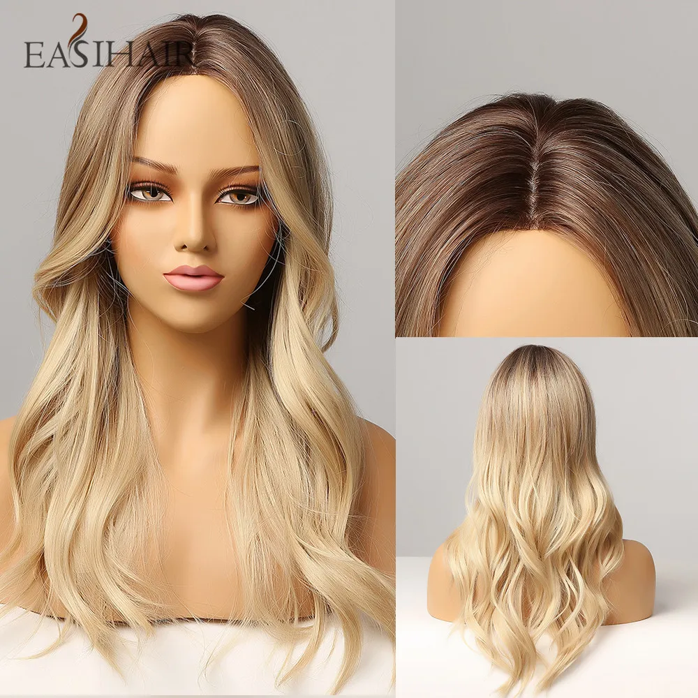 Lace Wigs Hairline-Part Blonde Natural-Hair Synthetic Ombre Women Heat-Resistant Wavy