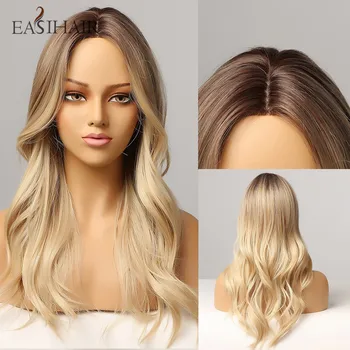 

EASIHAIR Brown to Blonde Ombre Hairline Part Lace Wigs for Women Wavy Synthetic Natural Hair Wig Heat Resistant Wigs