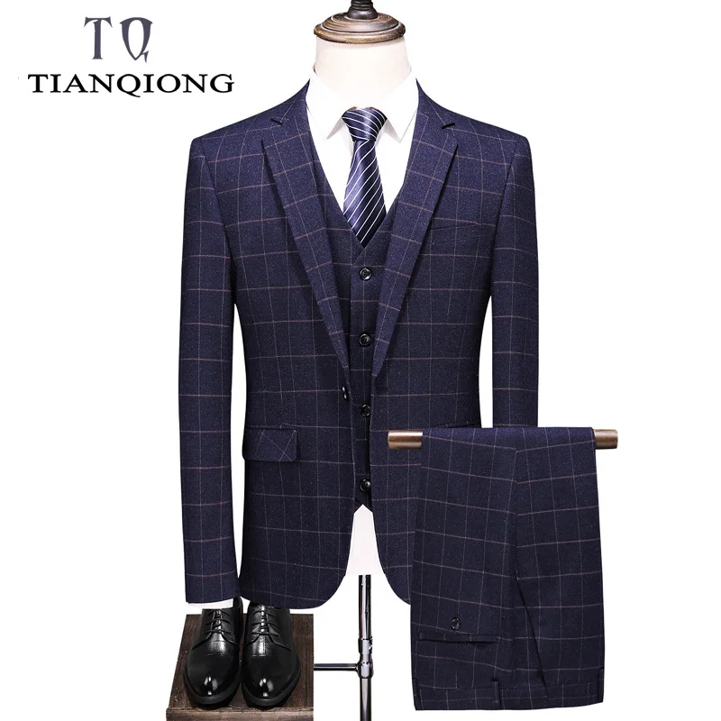 TIAN QIONG бренд Slim Fit Мужские свадебные костюмы элегантный костюм для мужчин черный синий костюм 3 шт. Homme Повседневный костюм мужской