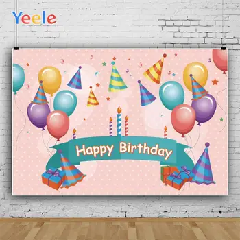 

Yeele Happy Birthday Party Colourful Balloons Hats Candles Background Photophone Photography Backdrops for Decor Customized Size