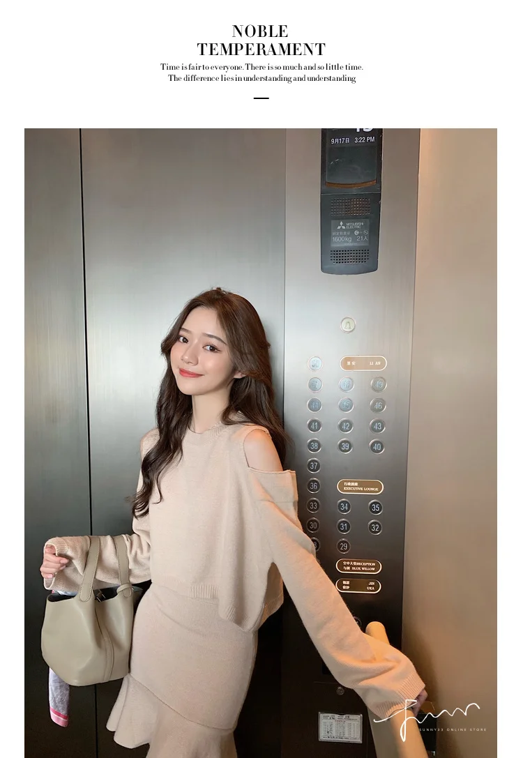 Autumn Elegant Ladies Women Fashion Loose Sexy Hollow Out Off Shoulder Pullovers Sweater+Mini mermaid Skirt Suits