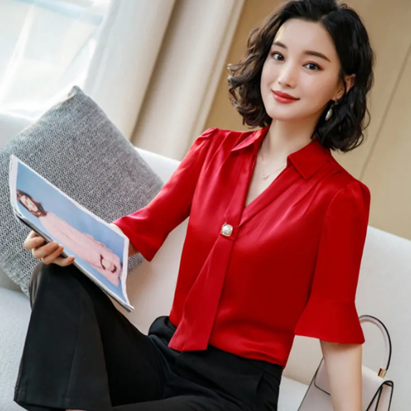 

Korean Silk Women Blouses Woman Satin Blouse Tops Plus Size Blusas Mujer De Moda 2020 Women V Neck Soild Shirt Top Camisas Mujer