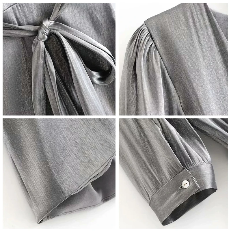 ROHOPO Puff короткий рукав обертывание V воротник пояс металлическое серебро мини платье круглый подол прямые мешковатые металлические нити халат#9485