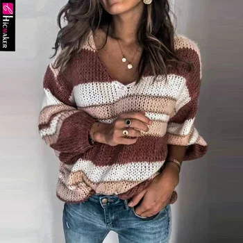 

Women Plus Size V-neck Striped Knitted Pullover Sweater Long Sleeve Loose Style Spring Fall Chic Mohair Jumper