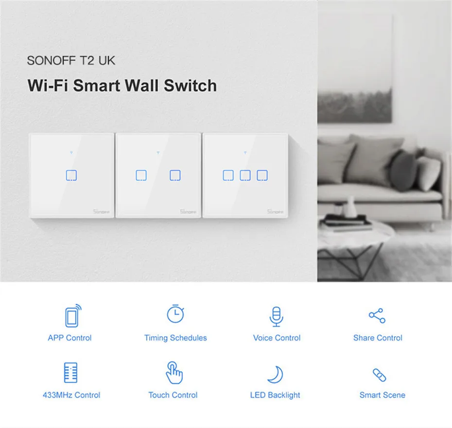 Sonoff T2 Smart WiFi RF APP  Touch Control Wall Light Switch 1 2 3 Gang 86 Type UK Panel Wall Touch Light Switch Alexa Nest