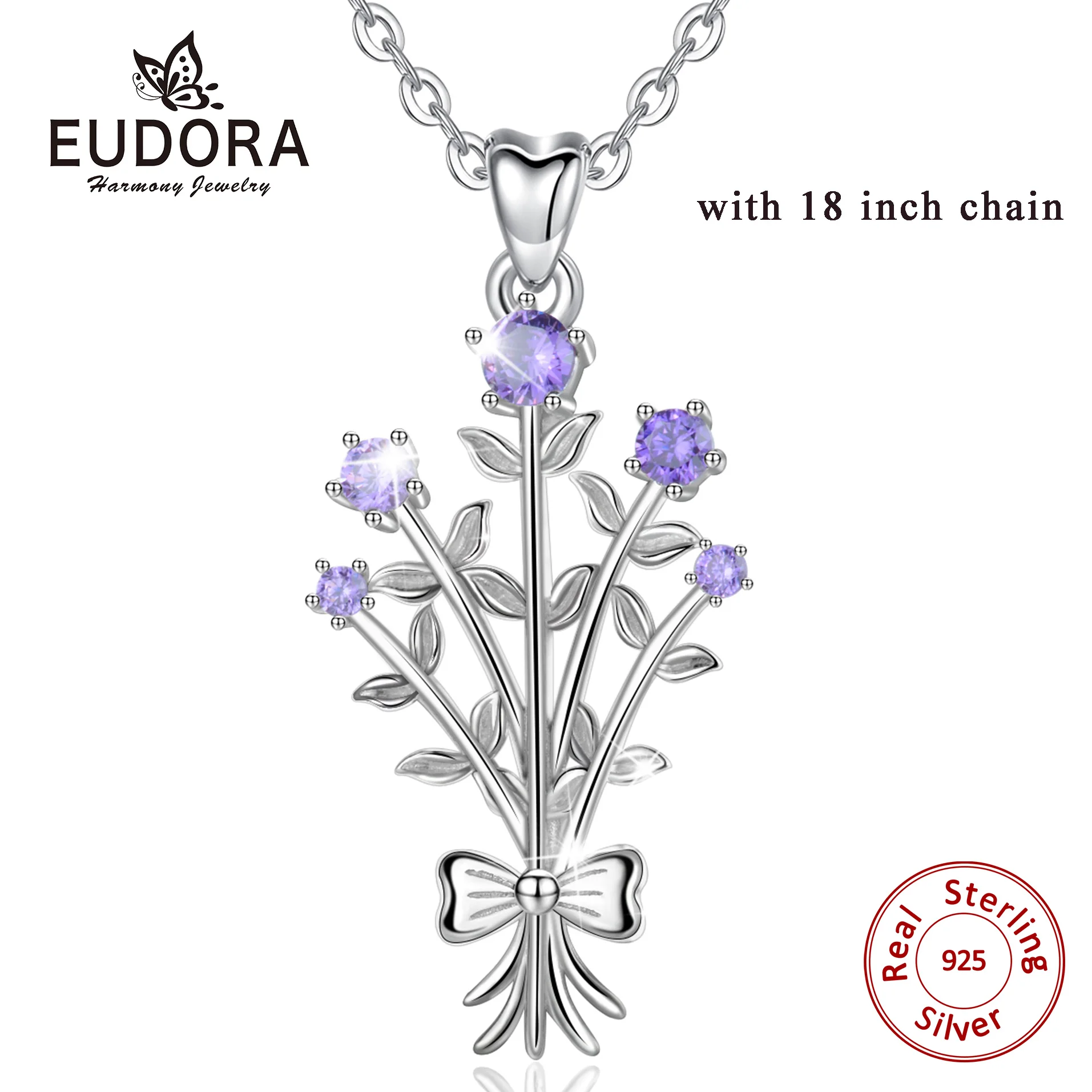 with 18 inch chain Eudora ожерелье из стерлингового серебра с фиолетовыми цветами фиолетовые подвески с фианитами женские ювелирные изделия для подарка на день рождения для подруги D510 - Окраска металла: with 18 inch chain