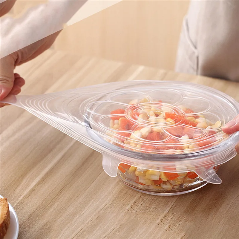 

Dropshipping 100% Food Grade 6pcs/Set Reusable Silicone Stretch Food Fresh Cover Kitchen Storage Wraps universal pot cover