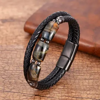 High Quality Tiger Eye Stone Bracelets For Men Geometric Natural Stone Beads Leather Rope Bangles 2020 Men’s Jewelry Accessories