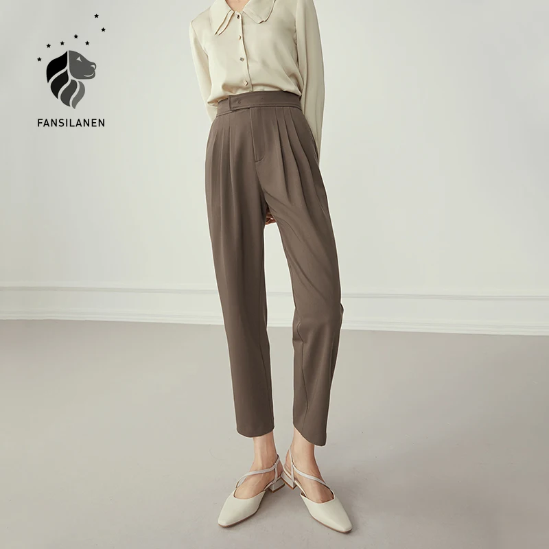 

FANSILANEN Office pleated casual suit pants Women high waist white straight trousers Autum winter female vintage pants capri