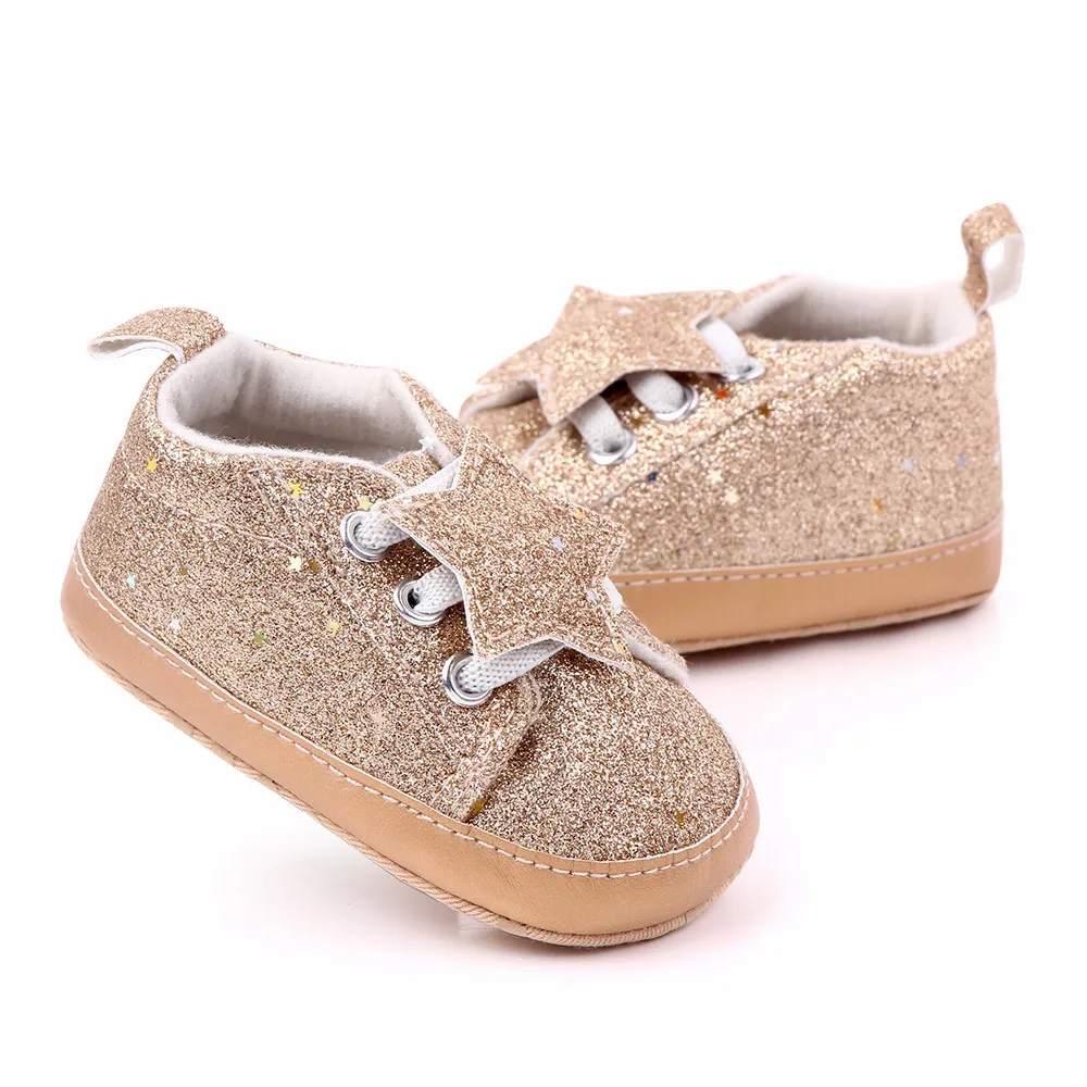 Обувь для маленьких девочек и мальчиков; повседневные кроссовки на шнуровке со звездами и блестками для новорожденных; обувь для первых шагов; обувь с блестками для малышей - Цвет: C