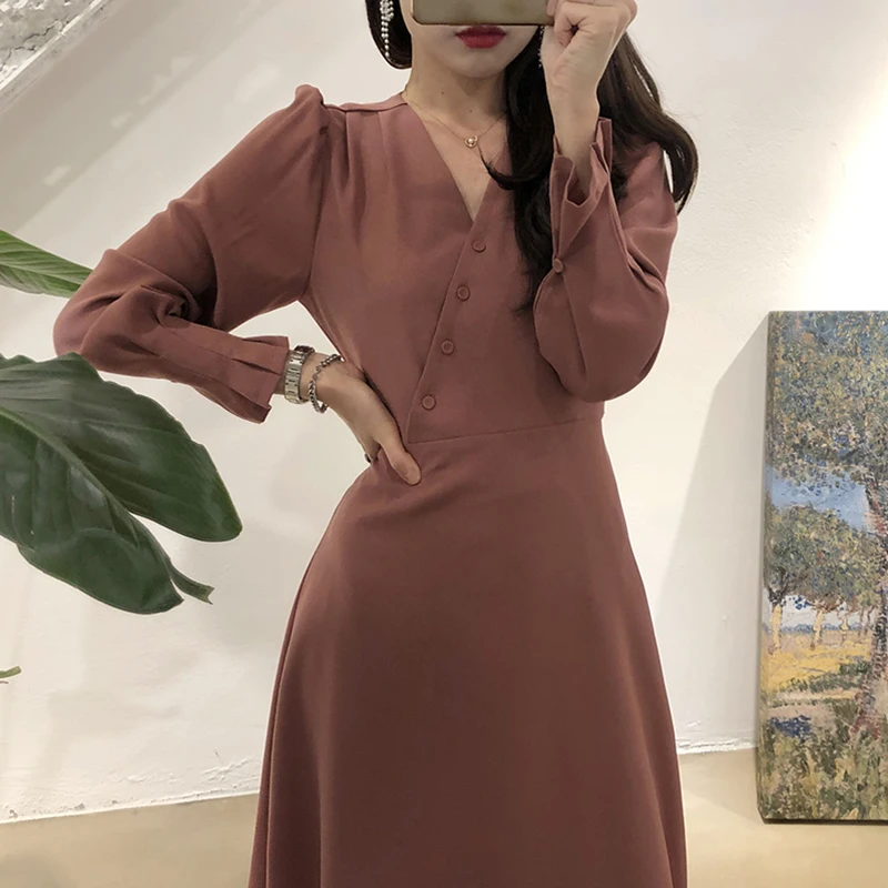 Photo Color Новинка, модное женское длинное платье, элегантное, длинный рукав, v-образный вырез, боковое, однобортное, тонкое, одноцветное, повседневное, женское, офисное платье - Цвет: Photo Color