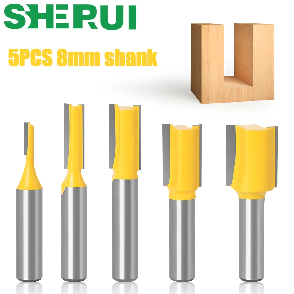

5PCS 8mm Shank Straight Woodworking Router Bit Set Carpenter Milling Cutter 3/6/10/12/16mm Cutting Diameter