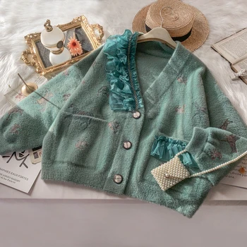

Autumn Winter Outer Sweater Women Jspanese Mori Gentle Lace Trim Knit Cardigan Girl Bean Paste Green Sweater Jacket Student Tops