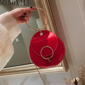 

MENGXILU Round Metal Top-Handle Ladies Hand Bags Chain Shoulder Strap Messenger Bag Summer PU Leather Crossbody Bags For Women