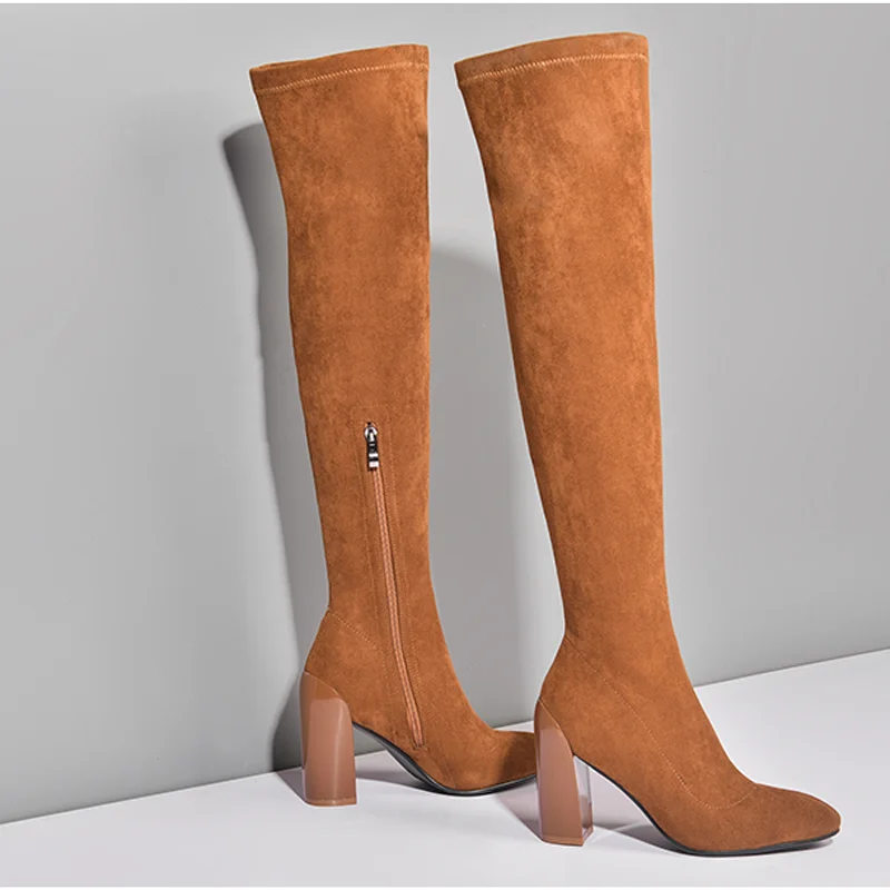 Новейшая модель; замшевые и кашемировые ботфорты выше колена; женские высокие сапоги на высоком квадратном массивном каблуке; вечерние сапоги с круглым носком; Botas Mujer