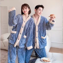 Seven-color diffuse flannel couple two-piece pajamas set for men and women autumn and winter cute thickening ladies home service